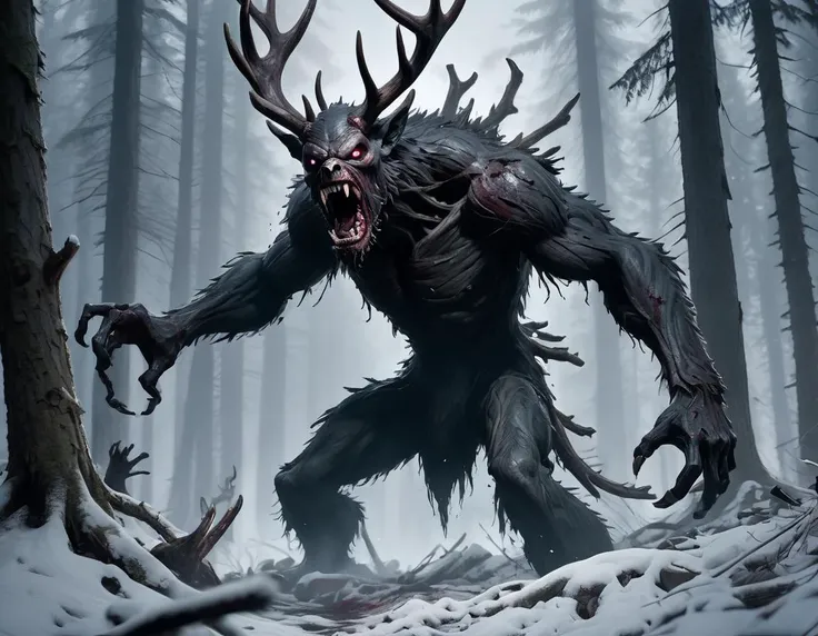 Horror masterpiece, best quality, (action shot, movement blur), combat, greg rutkowski, (focus on terrifying large wendigo roaring, large size difference), fantasy, people fighting it, dark winter night, forest deep dark woods, massive ancient trees, battle, scenery, mountain, outdoors, multiple people, injured people on the ground, (blood splatter flying through the air), trail of carnage, (indirect) moonlight, very detailed, high resolution, sharp, sharp image, 4k, 8k,