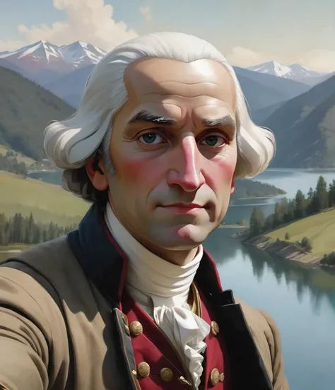 rendition of the George Washington, (pov selfie:1.2), taking a selfie, closeup, lake and hills in background, Renaissance attire, looking at viewer, (by Alex Maleev:1.5)