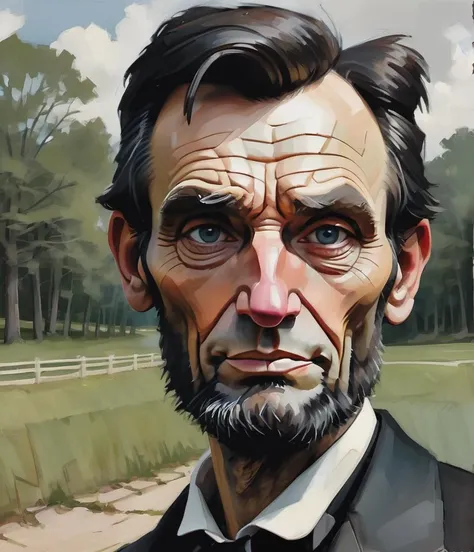 rendition of the Abraham Lincoln, (pov selfie:1.2), taking a selfie, closeup, Illinois landscape, (looking at viewer:1.2), (by Alex Maleev:1.5)