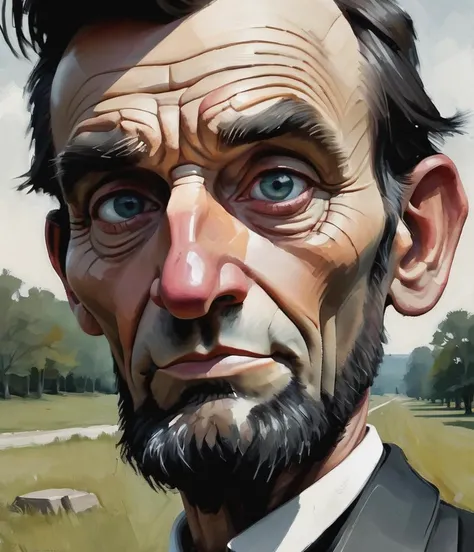 rendition of the Abraham Lincoln, (pov selfie:1.2), taking a selfie, closeup, Illinois landscape, (looking at viewer:1.2), (by Alex Maleev:1.5)