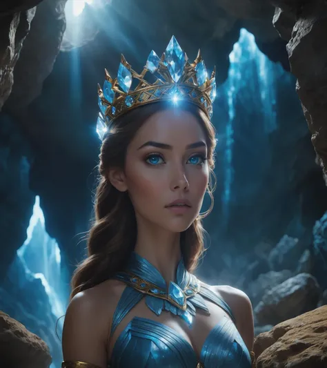 hologram of a award winning heroic shot of a mountainqueen in a stunning detailed showcave, epic mountainqueen meditate about life, glowing blue eyes, cave is like a big dome, fantastic stalagmites and stalactites, cinematic lighting, moody lights, heroic pose, in the style of photorealistic fantasy, still from a oscar winning fantasy movie, detailed crown out of rock, shot on arri Alexa xf, 50mm zeiss supreme prime lens, clear and sharp focus, shallow dof, fantasycore, stonecore, beautifully color graded, dynamic composition floating in space, a vibrant digital illustration, dribbble, quantum wavetracing, black background, behance hd