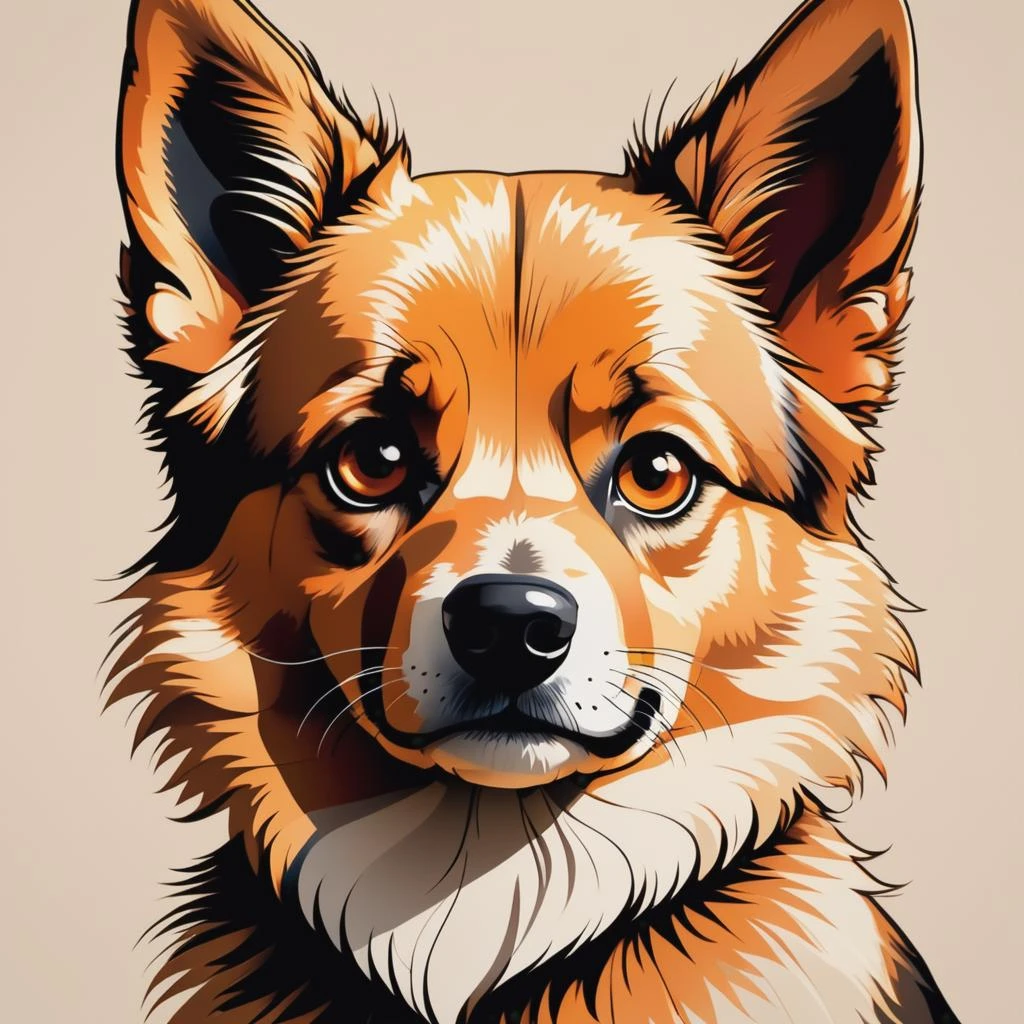 3d fluffy vintage, printed on time-worn weathered paper, art deco poster, stylized, minimalist, flat vector art style, simple flat, German Shepperd, Vector art, Vivid colors, Clean lines, Sharp edges, Minimalist, Precise geometry, Simplistic, Smooth curves, Bold outlines, Crisp shapes, Flat colors, Illustration art piece, High contrast shadows, Technical illustration, Graphic design, Vector graphics, High contrast, Precision artwork, Linear compositions, Scalable artwork, Digital art, closeup cute and adorable, cute big circular reflective eyes, long fuzzy fur, Pixar render, unreal engine cinematic smooth, intricate detail, cinematic