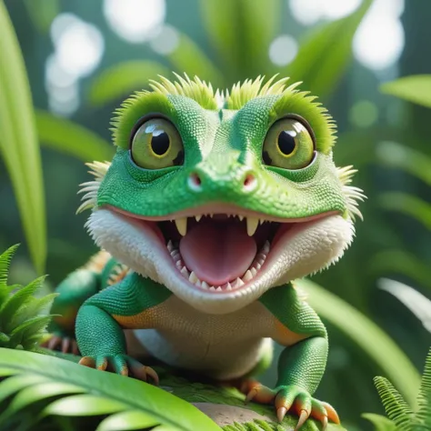 3d fluffy High nation-geographic symmetrical close-up portrait shoot in green jungle of an expressive lizard, anamorphic lens, ultra-realistic, hyper-detailed, green-core, jungle-core, closeup cute and adorable, cute big circular reflective eyes, long fuzzy fur, Pixar render, unreal engine cinematic smooth, intricate detail, cinematic