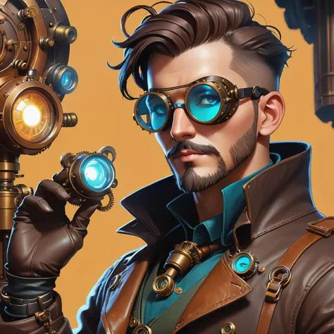 Indie game art,(A character concept art of a steampunk inventor with mechanical limbs, wearing goggles and a leather trench coat, in a detailed digital painting with a focus on textures and materials), (Vector Art, Borderlands style, Arcane style, Cartoon style), Line art, Disctinct features, Hand drawn, Technical illustration, Graphic design, Vector graphics, High contrast, Precision artwork, Linear compositions, Scalable artwork, Digital art, cinematic sensual, Sharp focus, humorous illustration, big depth of field, Masterpiece, trending on artstation, Vivid colors, trending on ArtStation, trending on CGSociety, Intricate, Low Detail, dramatic