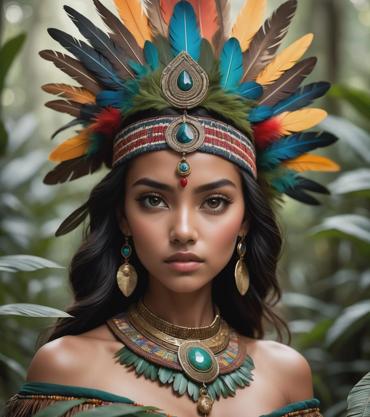 a wide-angle shot from above of an indigenous woman standing on a mesoamerican pyramid, wearing a head scarf with many feathers like a natural Diadem dissolving with her head, ready to strike, detailed tribal make up, on the top of a Pyramide in a dense rainforest, view from above, intense lighting, intense focus as leaves are swirl around her, otherworldly creature, in the style of fantasy movies, photorealistic, shot on Hasselblad h6d-400c, zeiss prime lens, bokeh like f/0.8, tilt-shift lens, feminine hero pose, neo-mosaic, Neo shamanism, psychedelic, psy-trance Art, symmetrical balance, fantastical machines, alchemical symbols, serene faces, beautifully color coded, intricate composition, digitally enhanced, detailed wildlife, RAW candid cinema, 16mm, color graded portra 400 film, remarkable color, ultra realistic, textured skin, remarkable detailed pupils, realistic dull skin noise, visible skin detail, skin fuzz, dry skin, shot with cinematic camera
