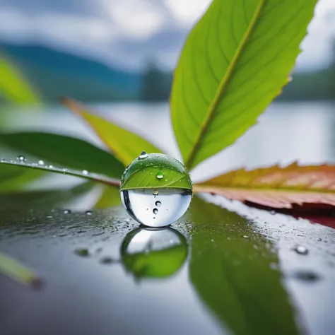 long shot scenic professional photograph of A close-up shot of a raindrop about to fall from a leaf, with a focus on reflection and the vibrant greenery around it, creating a fresh and pure atmosphere., perfect viewpoint, highly detailed, wide-angle lens, hyper realistic, with dramatic sky, polarizing filter, natural lighting, vivid colors, everything in sharp focus, HDR, UHD, 64K