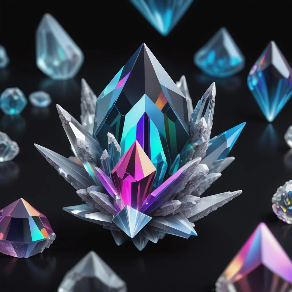 hologram of crystals floating in space, a vibrant digital illustration, dribbble, quantum wavetracing, black background, behance hd