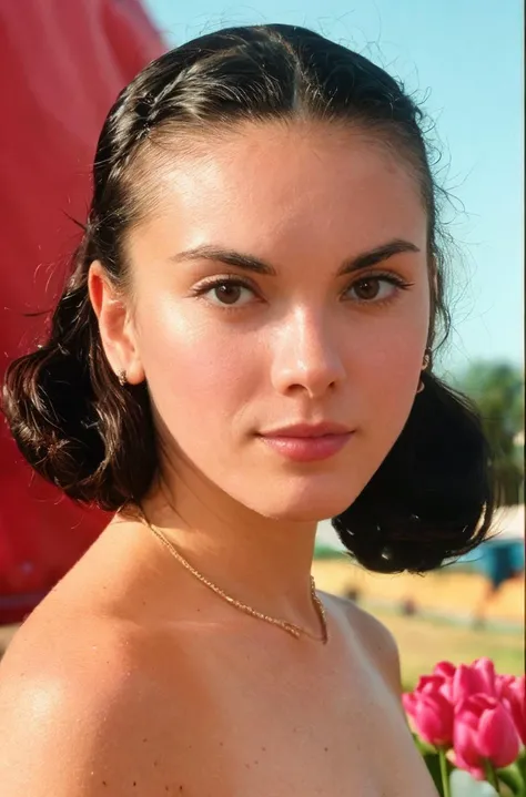 ((Photograph of Brazilian woman)), portrait, face, up close, black choker, beautiful, perfect light skin, short and wavy black hair, thin lips, thin eyes, thin eyebrows, thin nose, earrings, long eyelashes, (red eyeshadow and makeup), 8k, intricately maximalist-details, extremely detailed, backlit, romantic lighting, epic, smooth, vibrant, populated beach background, shallow depth of field, looking at camera, facing camera