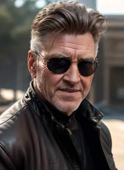 timeless style, masterpiece, best quality, 8k, artstation, sharp focus, ultrarealistic, high details, raw photo portrait of dl1, man, masculine, (wearing the matrix leather jacket and sunglasses) with (sly smile), perfect face, perfect eyes, volumetric lighting, depth of field, cinematic lighting,
<lora:DavidLynch-10:0.8>