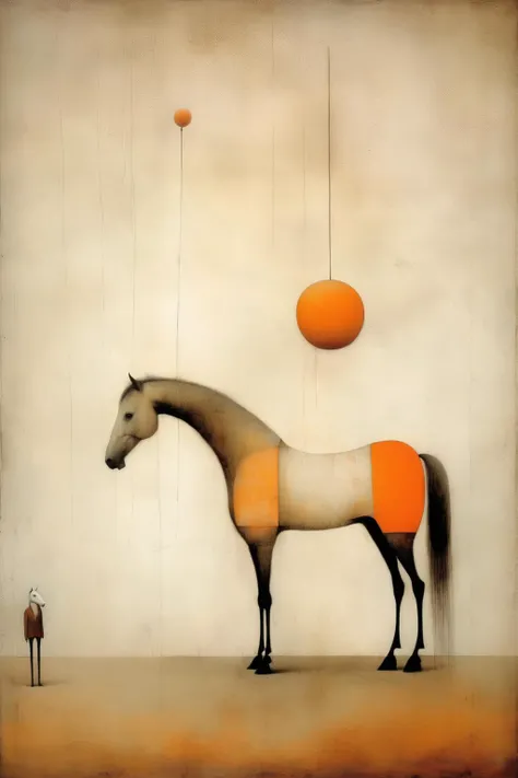 <lora:Gabriel Pacheco Style:1>Gabriel Pacheco Style - surreal painting of a horse by Gabriel Pacheco and George Stubbs, includs shades of orange color