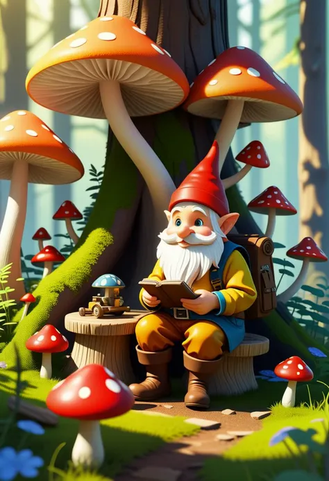 A mischievous gnome tinkering with a contraption in a sunlit mushroom forest.