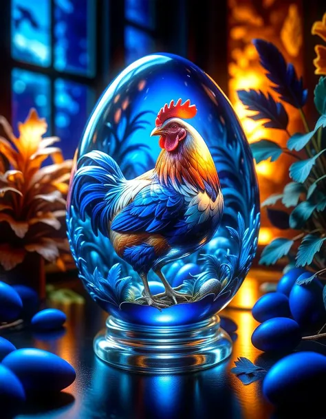 extreme closeup hyperrealistic glass egg with multi-color miniature isometric chicken country scene inside, dark blue velvet feathers background, 8k, hdr, dramatic lighting, shadows, specular highlights,
