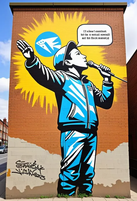 Mural Art: A vibrant street art mural on a brick wall, depicting a social commentary message, inspired by Banksy.