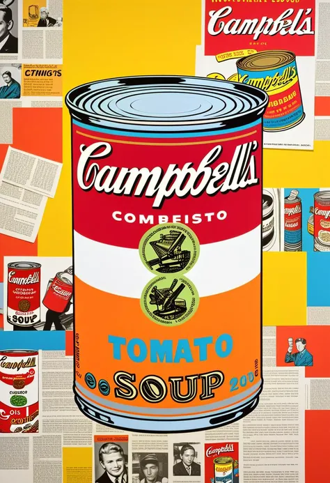 Pop Art Collage: A bold composition with a Campbell's soup can and a comic book character, inspired by Andy Warhol.