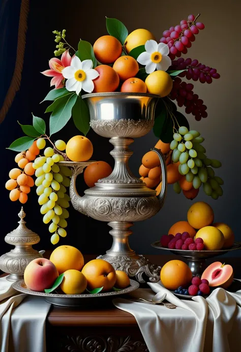 Baroque Still Life: A lavishly decorated table overflowing with exotic fruits, flowers, and a silver goblet, reminiscent of Dutch Golden Age paintings.