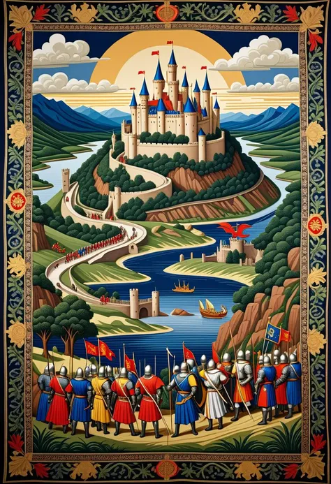 Medieval Tapestry: A dramatic scene from a medieval legend woven into a rich tapestry, depicting knights, dragons, and castles.