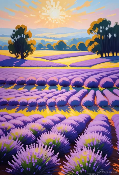 Impressionist Landscape: A field of lavender bathed in warm sunlight, with brushstrokes capturing the essence of light and shadow, inspired by Claude Monet.