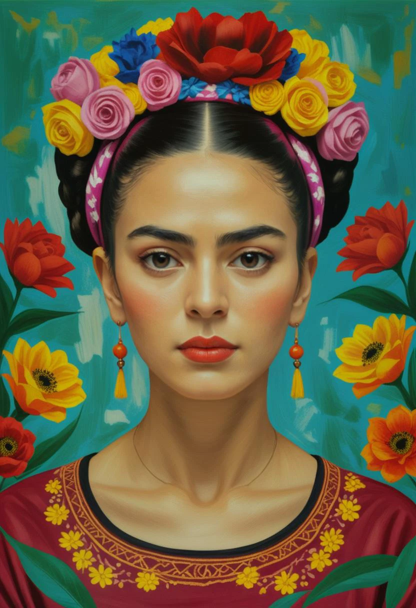 Style of Frida Kahlo: A self-portrait of a woman with a strong gaze, adorned with traditional Mexican flowers in her hair. <lora:rough-oil-sat-mega-adam-e:1>