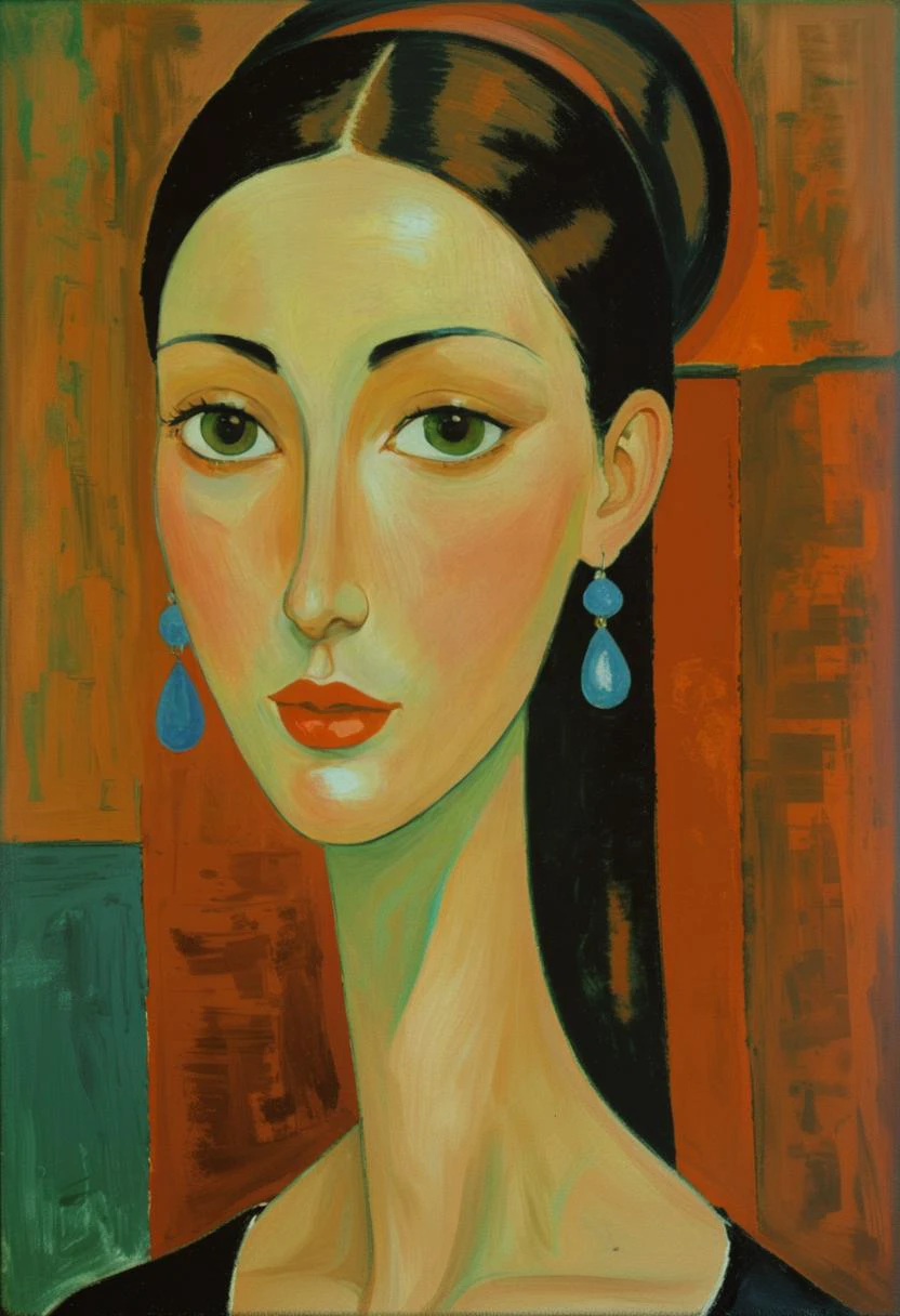 Style of Amedeo Modigliani: A portrait of a woman with an elongated neck and almond-shaped eyes, adorned with large earrings. <lora:rough-oil-sat-mega-adam-e:1>