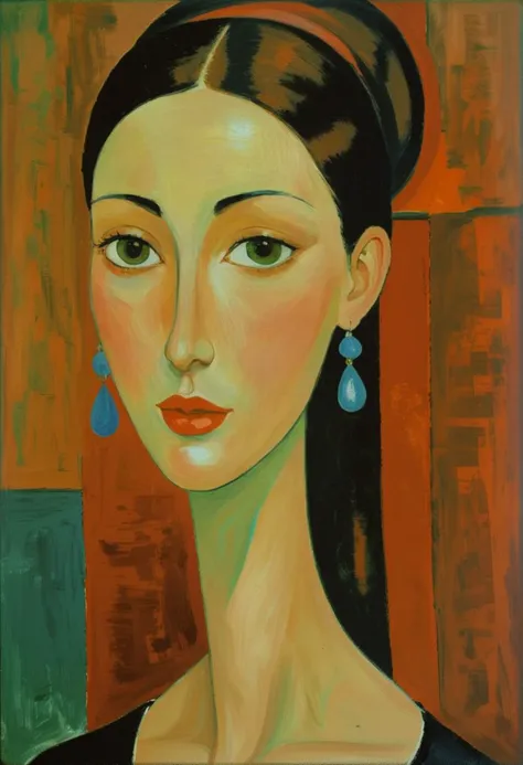 Style of Amedeo Modigliani: A portrait of a woman with an elongated neck and almond-shaped eyes, adorned with large earrings.  <lora:rough-oil-sat-mega-adam-e:1>