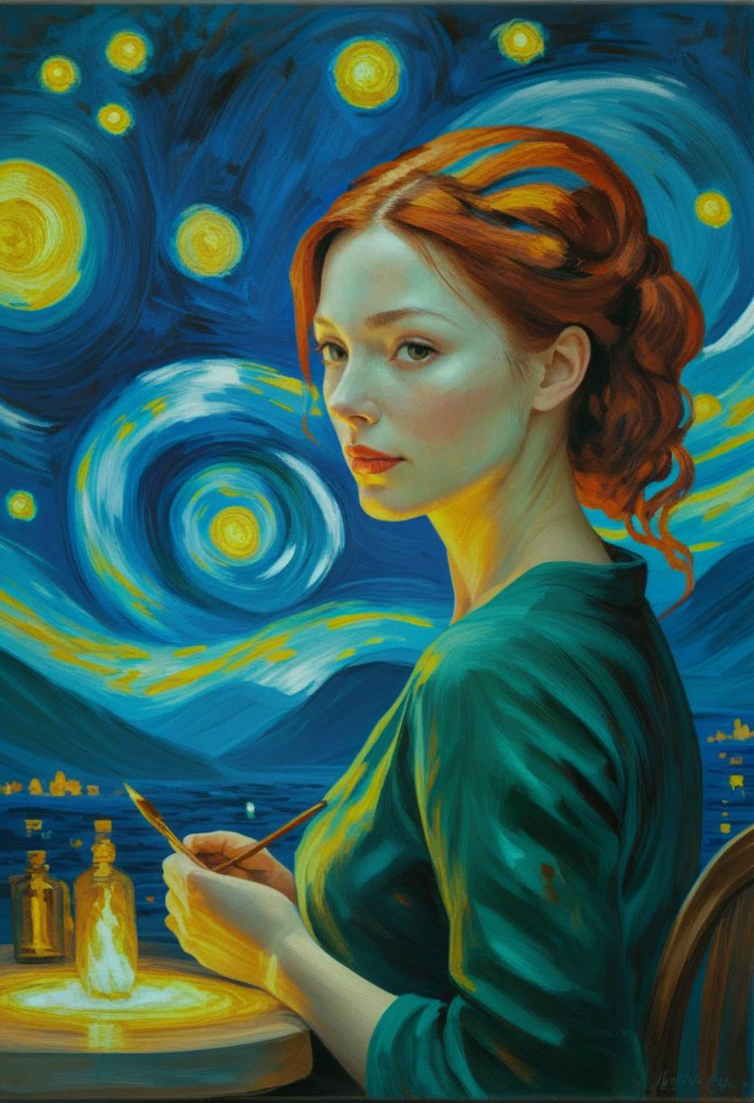 Van Gogh: A woman with vibrant red hair and swirling brushstrokes, bathed in the warm glow of a starry night. oil painting, <lora:rough-oil-sat-mega-adam-e:1.25>