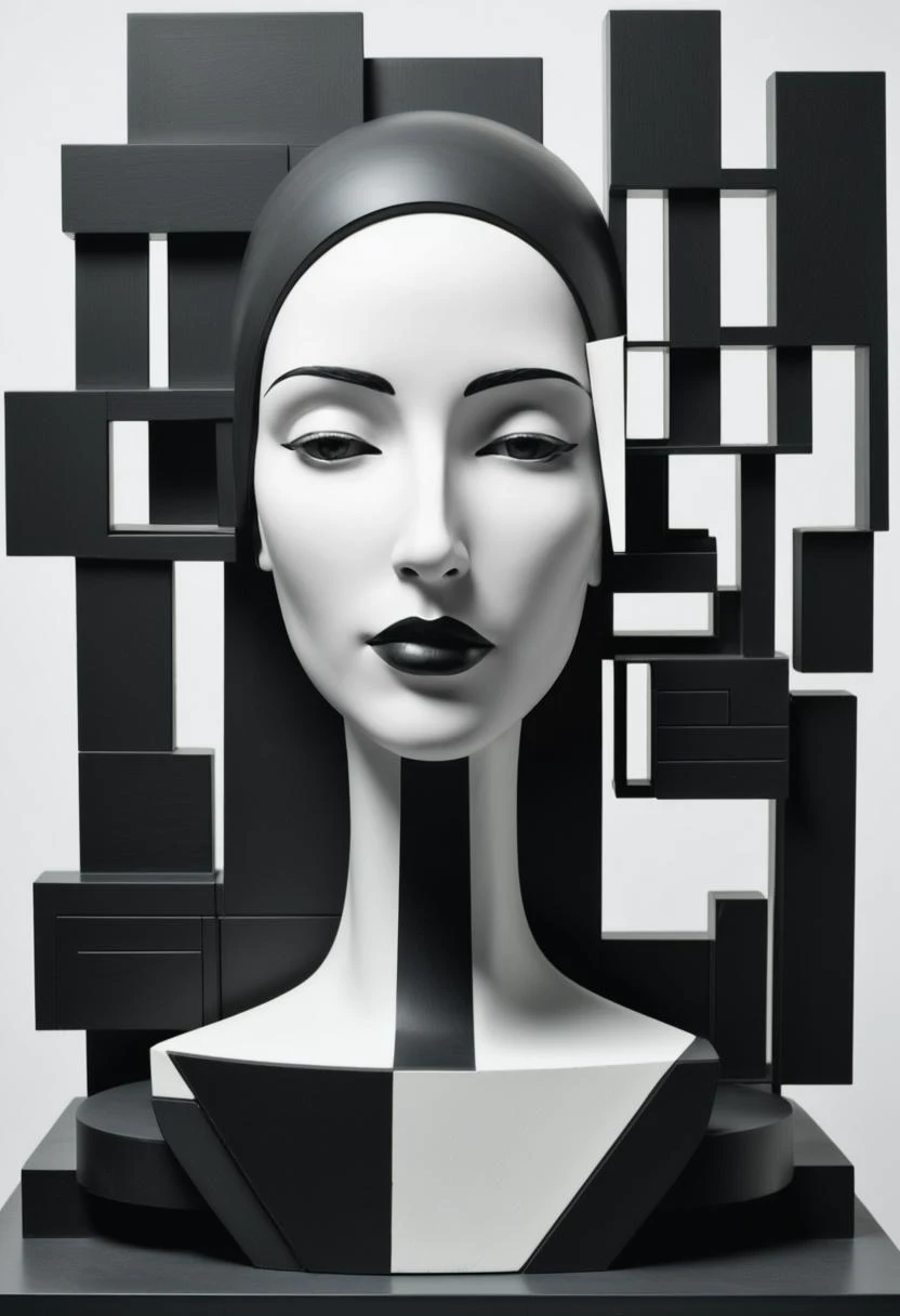 Style of Louise Nevelson: A black and white abstract sculpture of a woman, built from fragmented geometric shapes.  <lora:rough-oil-sat-mega-adam-e:1>