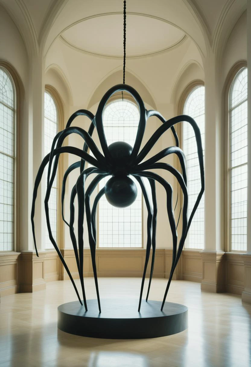 Style of Louise Bourgeois: A large, spider-like sculpture comprised of a female figure representing maternal strength. <lora:rough-oil-sat-mega-adam-e:1>