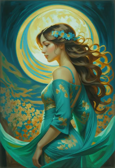 Mucha: A woman with flowing hair and flowing floral drapery, her body adorned with intricate Art Nouveau patterns, illuminated by moonlight. oil painting, <lora:rough-oil-sat-mega-adam-e:1.25>