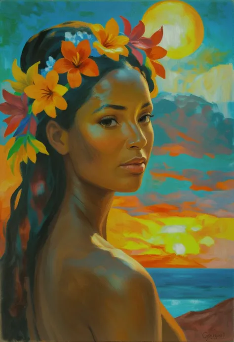 Gauguin: A Polynesian woman with dark skin and vibrant flowers in her hair, her body bathed in the warm glow of a sunset. oil painting, <lora:rough-oil-sat-mega-adam-e:1.25>