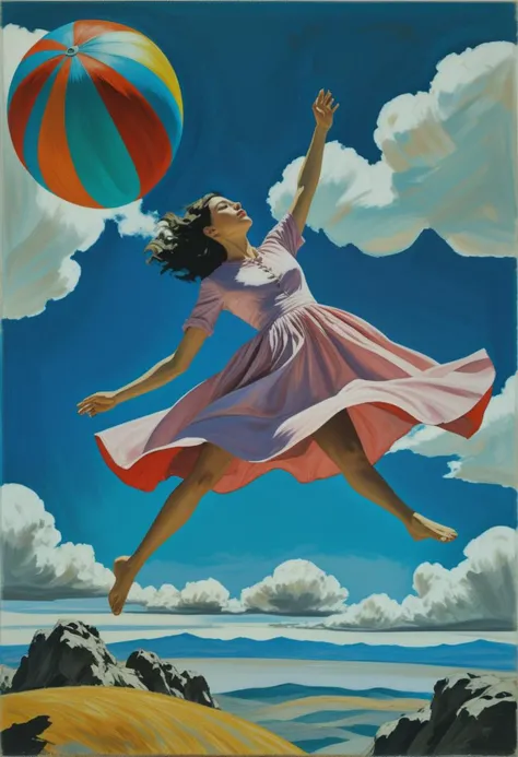Style of Paula Rego: A whimsical and dreamlike portrayal of a woman defying gravity, floating in a fantastical landscape. <lora:rough-oil-sat-mega-adam-e:1>