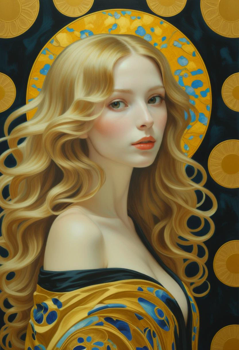 Style of Gustav Klimt: A sensual portrait of a woman with flowing golden hair and an ornamental robe, detailed with Art Nouveau motifs. <lora:rough-oil-sat-mega-adam-e:1>