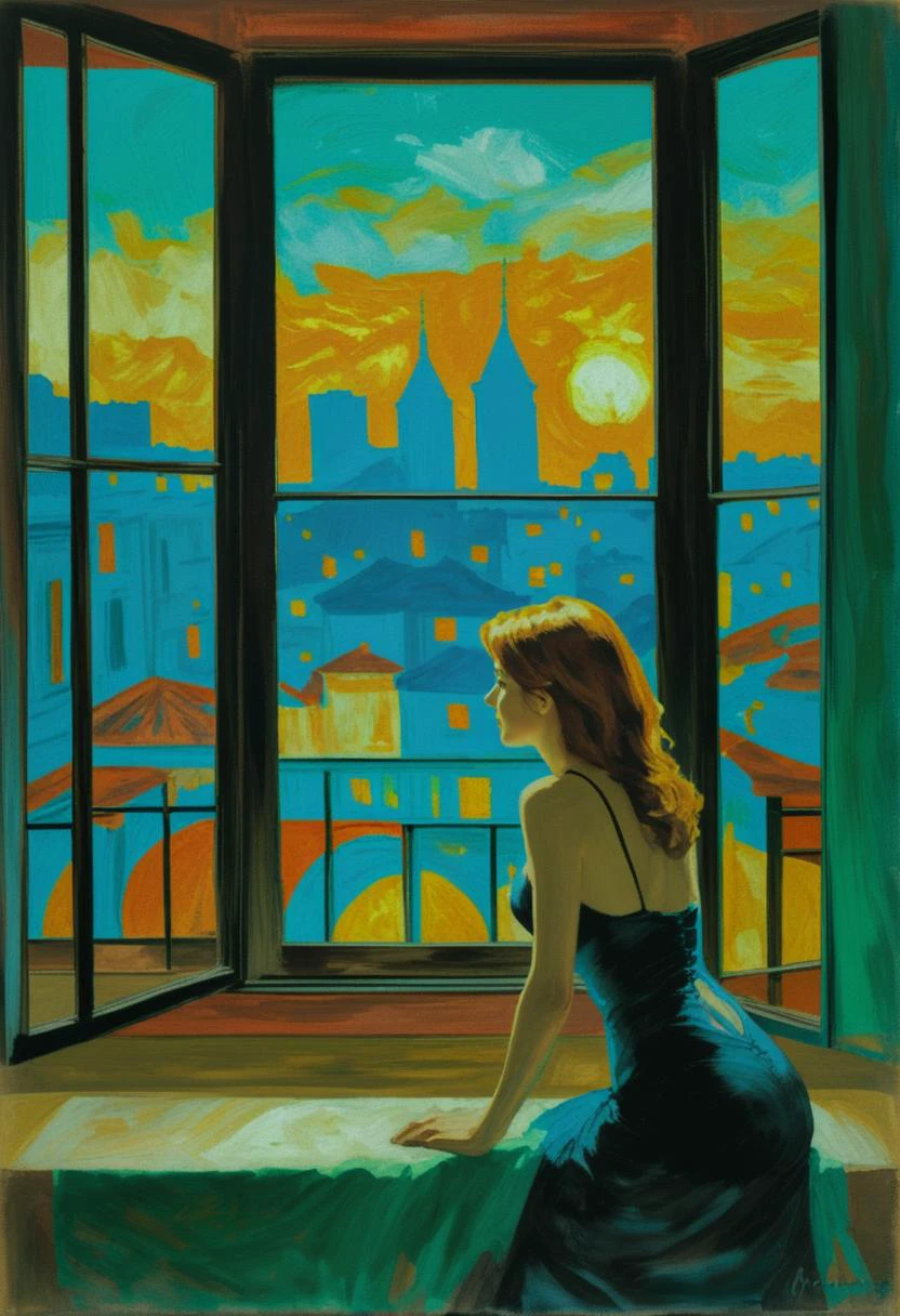 Toulouse-Lautrec: A woman at her boudoir window, her silhouette accentuated by the vibrant colors of a city at dusk. oil painting, <lora:rough-oil-sat-mega-adam-e:1.25>