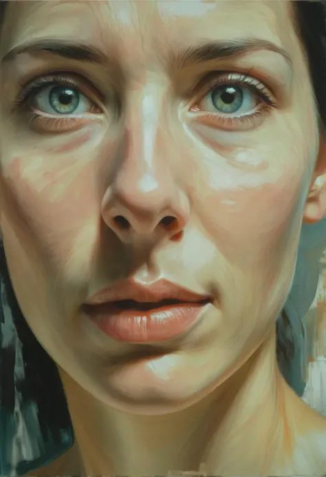 Style of Jenny Saville: A close-up portrait of a woman's face, focusing on the raw textures and emotions of the skin.  <lora:rough-oil-sat-mega-adam-e:1>