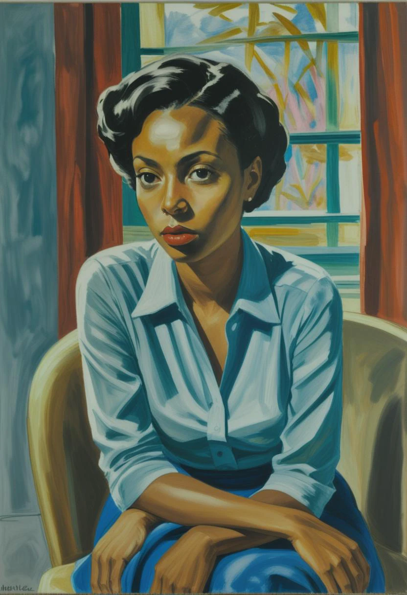 Style of Alice Neel: A woman of color, boldly confronting the viewer with her gaze and expressive posture. <lora:rough-oil-sat-mega-adam-e:1>