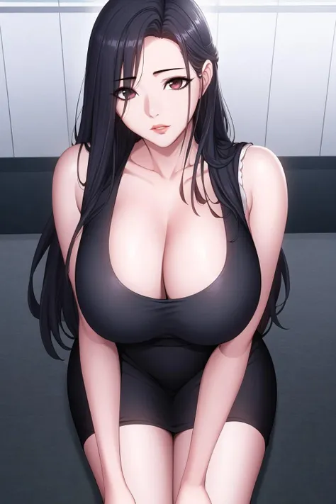 (8k, RAW photo, best quality, masterpiece:1.2),1girl,solo,mature female,long hair,black hair, breasts,cleavage,sleeveless,black skirt, <lora:chunhua:0.7>