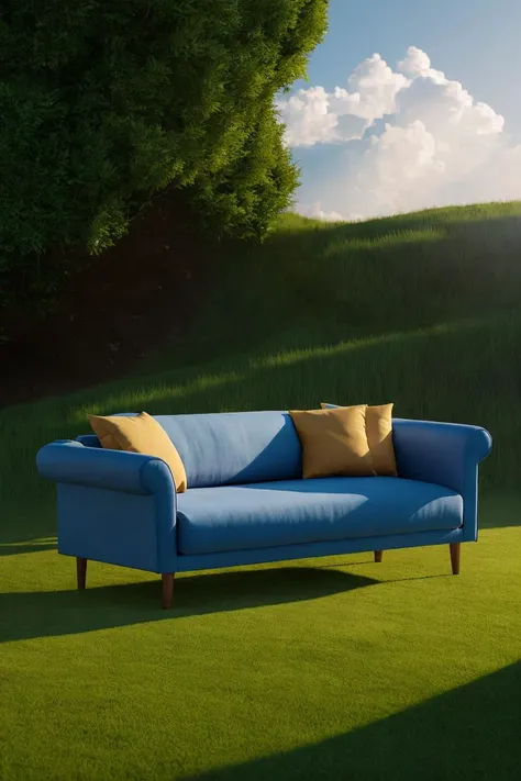 masterpiece,best quality,(photorealistic:1.4), cinematic lighting, HDR,Product photograph,a sofa sitting on top of a lush green field under a pure sky
,light and shadow,
,motion design,C4D,rendering