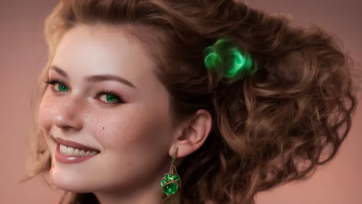beautiful hyperrealism hyperdetailed selfie of a cute young woman smiling softly, long light bronze brown hair, flushed face, red blush, light freckles, soft features, emerald green eyes, 8 k, sharp focus, art by irakli nadar and greg rutkowski and alphonse mucha