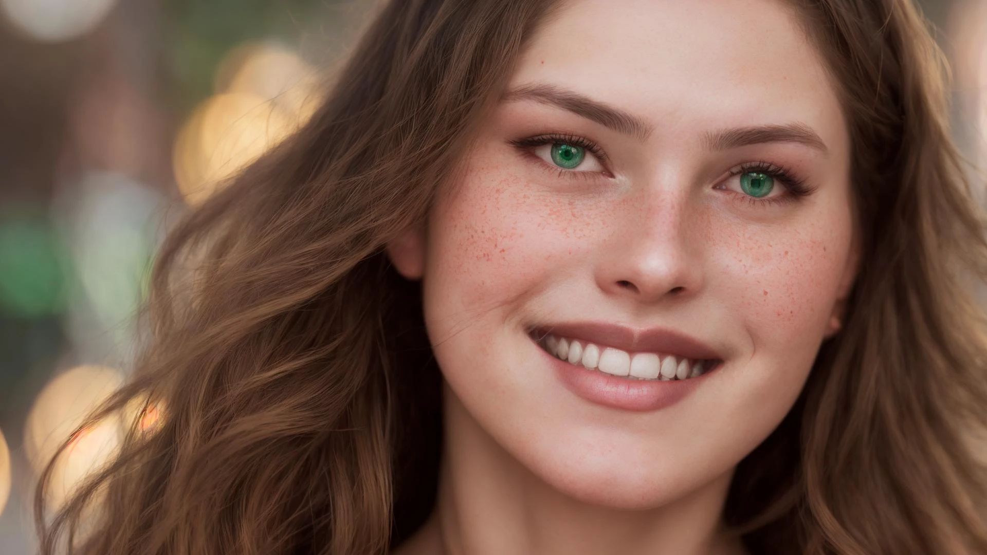 beautiful hyperrealism hyperdetailed selfie of a cute young woman smiling softly, long light bronze brown hair, flushed face, red blush, light freckles, soft features, emerald green eyes, 8 k, sharp focus, art by irakli nadar and greg rutkowski and alphonse mucha