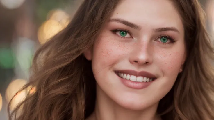 beautiful hyperrealism hyperdetailed selfie of a cute young woman smiling softly, long light bronze brown hair, flushed face, red blush, light freckles, soft features, emerald green eyes, 8 k, sharp focus, art by irakli nadar  and greg rutkowski and alphonse mucha