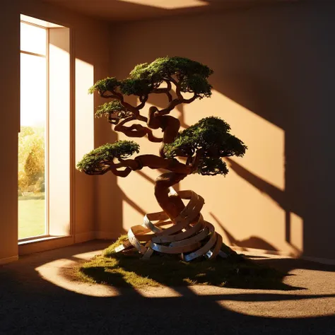 (masterpiece, best quality:1.2), ultra detailed, cinematic lighting, HDR, ilustration,a sculpture of a tree made of strips of wood
,sunlight, impressive, chill, inspirational,
,motion design,C4D,rendering,light and shadow,