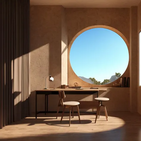 (masterpiece, best quality:1.2), ultra detailed, cinematic lighting,a room with a round window and a desk in it with a chair in front of it and a table in the middle,light shines in through the round window,Warm and warm
,motion design,C4D,rendering,light and shadow,