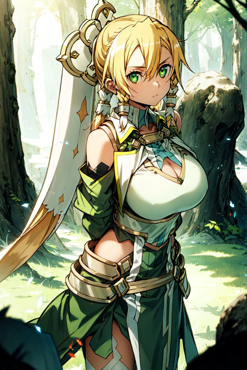 HDR, CG, sharp focus, (8k), (4k), masterpiece, best quality, extremely detailed, hyper detailed, leafa alicization, green eyes, blonde hair, long hair, ponytail, hair between eyes, bangs, twin braids, hair tubes, hair ornament, black gloves, white thighhighs, white footwear, looking at viewer, cowboy shot, arms behind back, outdoors, forest, huge breasts, <lora:leafa alicizationV1:1>