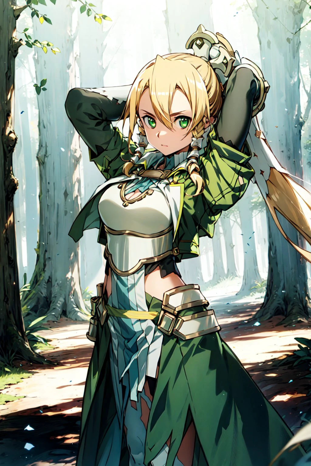 HDR, CG, sharp focus, (8k), (4k), masterpiece, best quality, extremely detailed, hyper detailed, leafa alicization, green eyes, blonde hair, long hair, ponytail, hair between eyes, bangs, twin braids, hair tubes, hair ornament, black gloves, white thighhighs, white footwear, looking at viewer, cowboy shot, arms behind head, outdoors, forest, <lora:leafa alicizationV1:1>