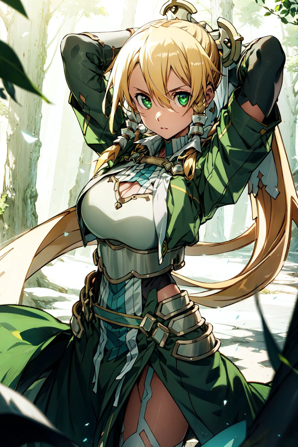 HDR, CG, sharp focus, (8k), (4k), masterpiece, best quality, extremely detailed, hyper detailed, leafa alicization, green eyes, blonde hair, long hair, ponytail, hair between eyes, bangs, twin braids, hair tubes, hair ornament, black gloves, white thighhighs, white footwear, looking at viewer, cowboy shot, arms behind head, outdoors, forest, huge breasts, <lora:leafa alicizationV1:1>