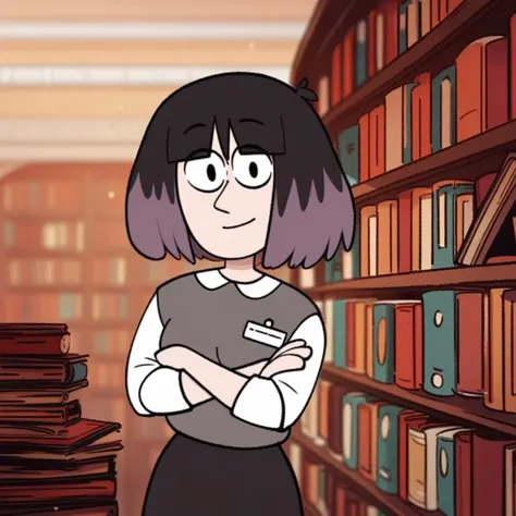 score_9, score_8_up, score_8, 1girl, Ka1sa, purple and black hair, grey sweater vest, white blouse, black skirt, grey leggings, library, leaning on bookshelves, smile, upper body, arms crossed, looking at viewer,