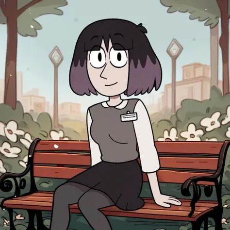 score_9, score_8_up, score_8, 1girl, Ka1sa, purple and black hair, grey sweater vest, white blouse, black skirt, grey leggings, on bench, smile, upper body, looking at viewer, park, flowers, upper body, sitting on bench,