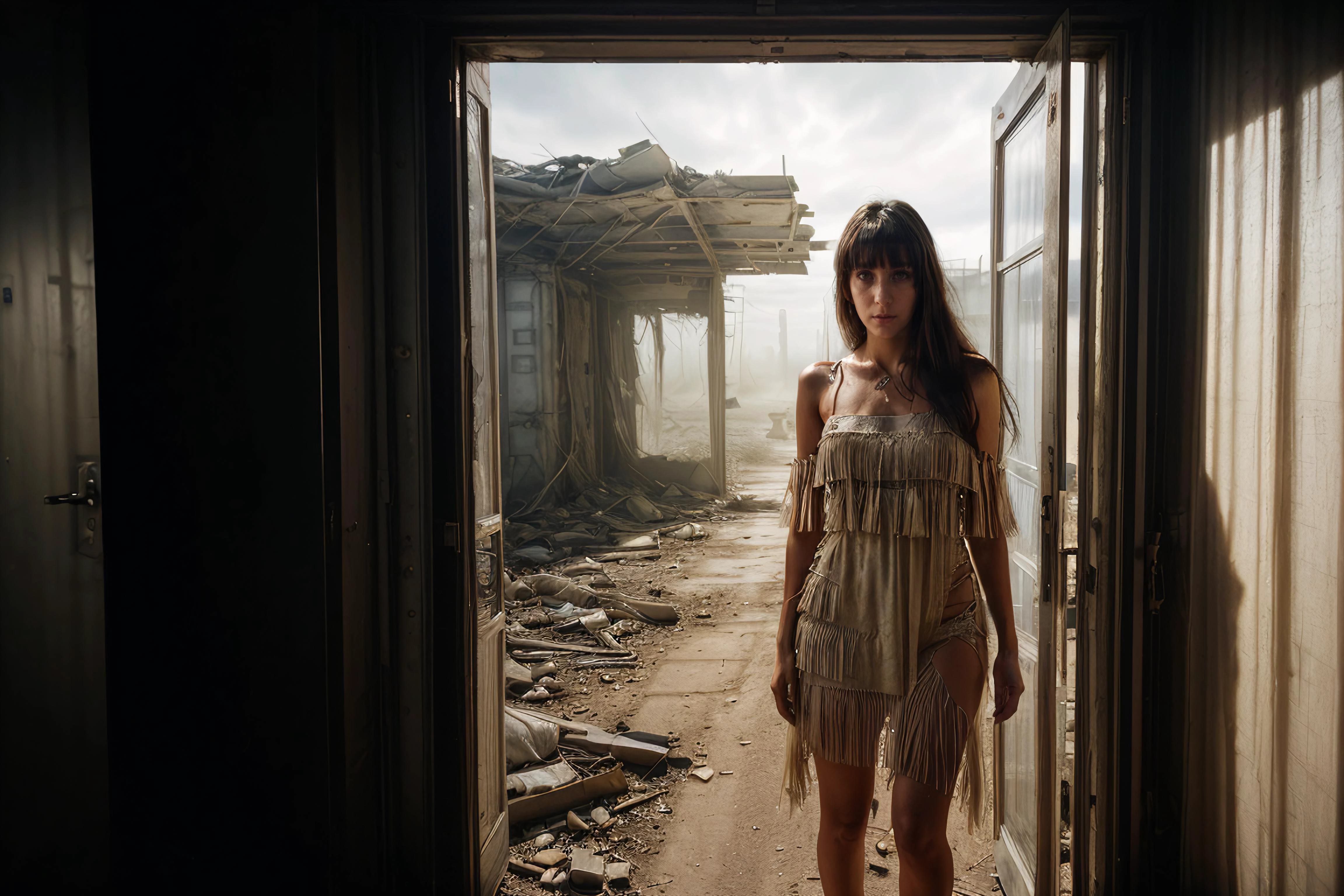 photo, (torn, ripped, fringed dress), street, (23 year old girl), <lora:add_detail:1>, (Multi-layered cut),(a mind-reading device leads to invasion of privacy at the background:1.5), , (apocalyptic wasteland), (Standing in a doorway, half in shadow, half in light, creating a mysterious mood.)