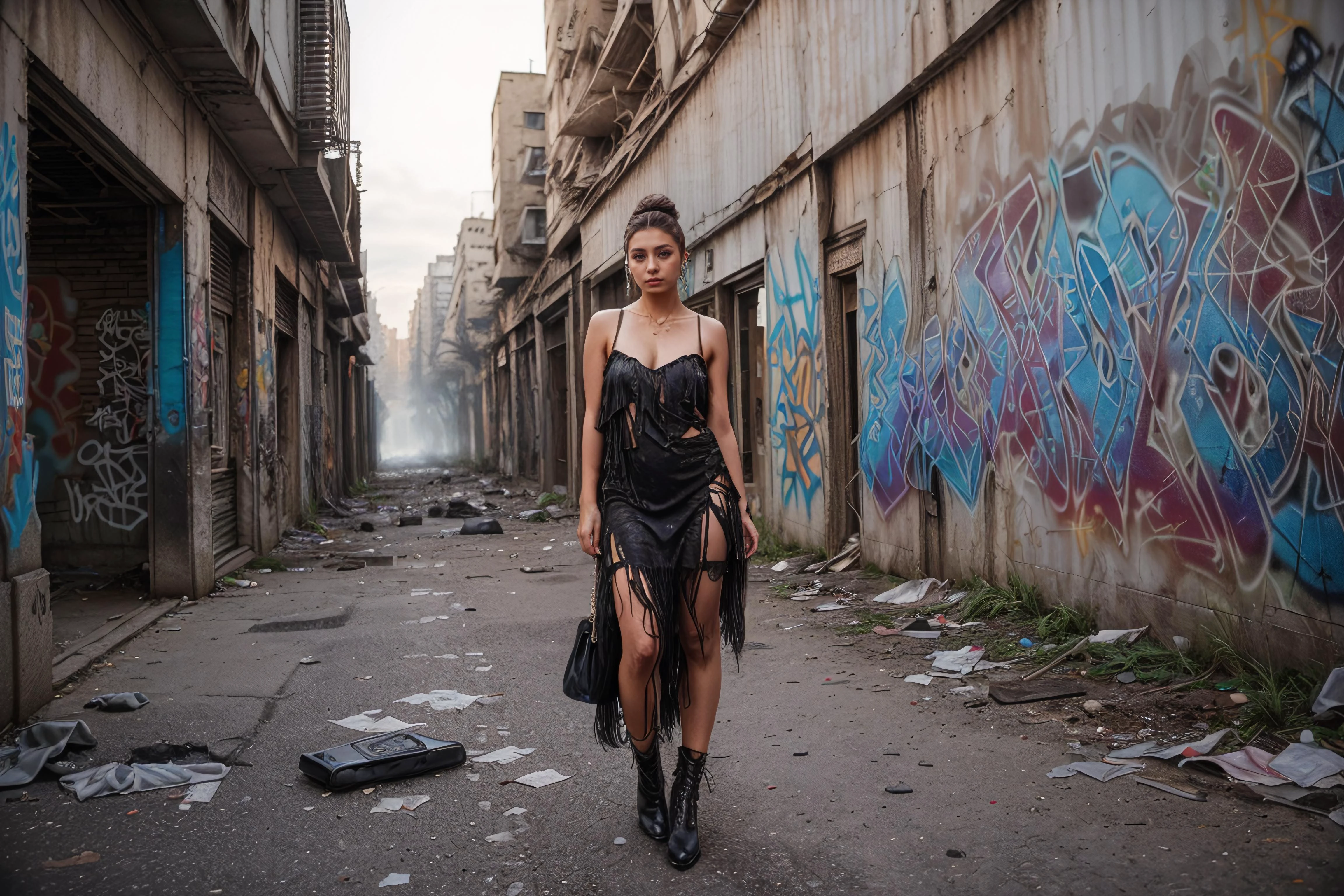 photo, (torn, ripped, fringed dress), street, (22 year old girl), <lora:add_detail:1>, (Elegant chignon),(a discovery of a parallel dimension at the background:1.5), (apocalyptic wasteland), (Leaning against a graffiti-covered wall, looking cool and urban in a street style pose.)