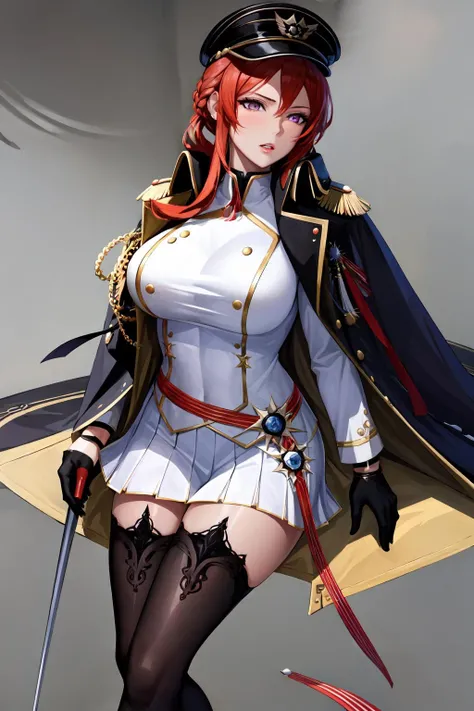 1girl,realistic,parted lips,(shiny skin),(mature female:1.2),black coat,black gloves,black headwear,black legwear,jacket on shoulders,open clothes,purple eyes,red hair,shirt,white skirt <lora:Monarch-Azur_Lane:1>