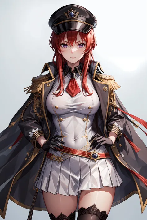 (masterpiece, best quality), Extreme close-up, from side, <lora:add_detail:0.5>, <lora:Monarch-Azur_Lane:0.6>, black gloves, black legwear, epaulettes, jacket on shoulders, open clothes, peaked cap, purple eyes, red hair, white shirt, white skirt, cold, lying on side,